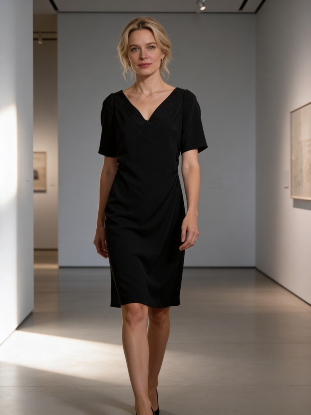 Maggy London Petite Black Side Drape Sheath Midi Dress 8P Classic Work Career